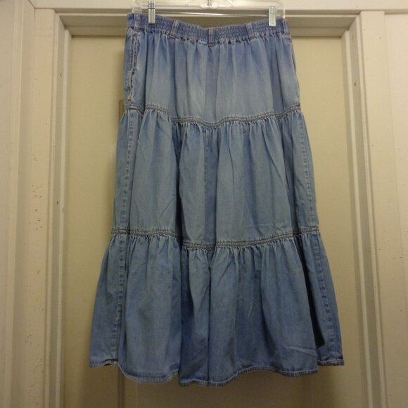 TRENDING COWGIRL VINTAGE LIGHT FADE WASH TIERED MIDI SKIRT X LG - Picture 7 of 8